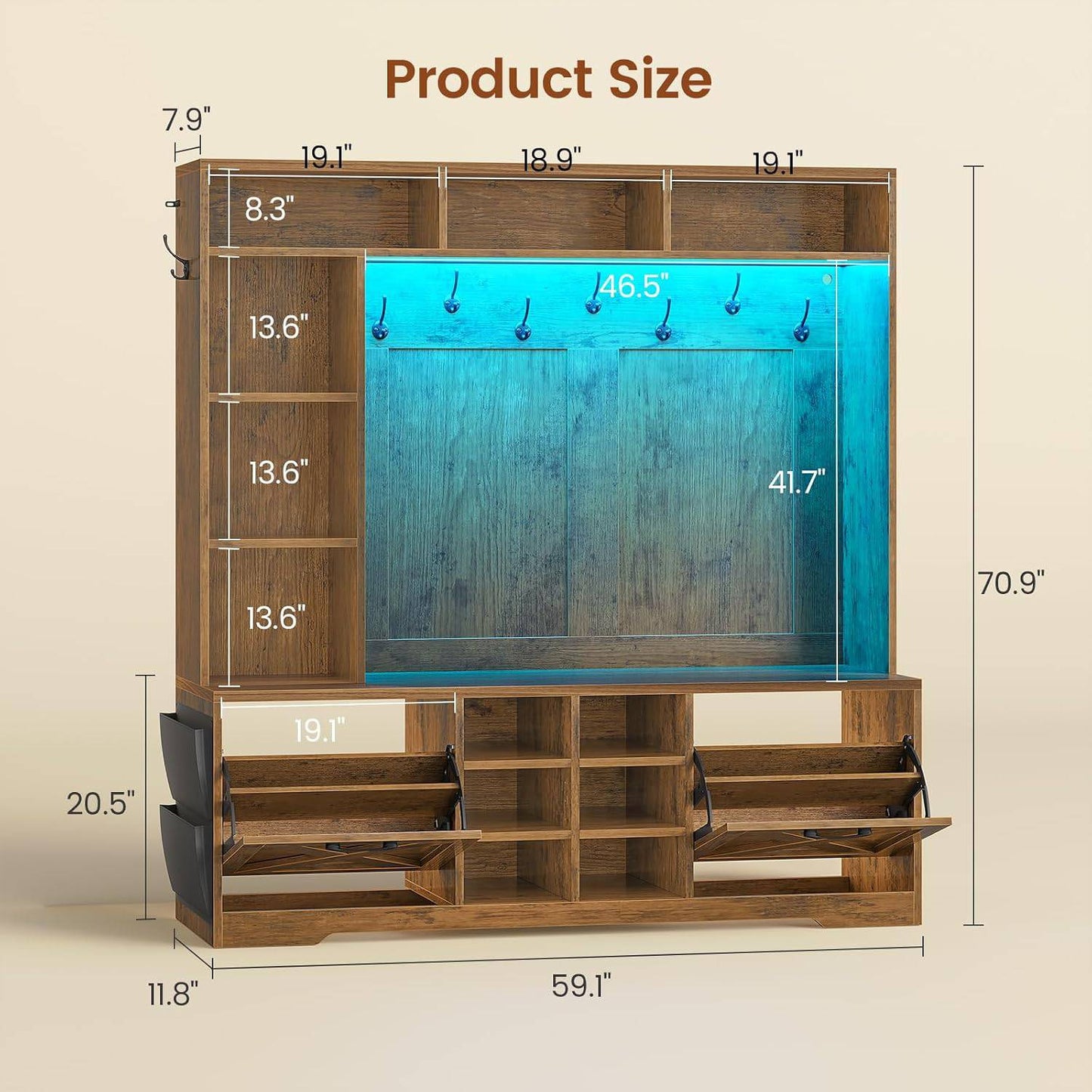 Itaar | Hall Tree with Bench and Shoe Storage 59.1 Inch Farmhouse Entryway Bench 12 Shelves 9 Coat Hooks Storage Bag Led Lights