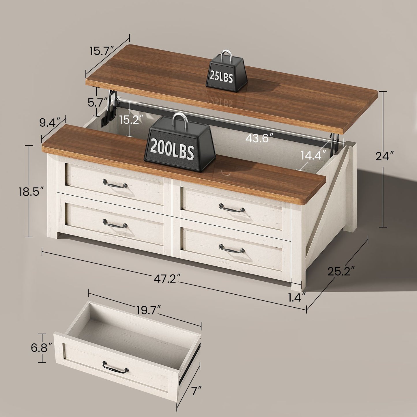 Itaar | 47.2 Inch Lift Top Coffee Table with Storage Farmhouse Coffee Tables for Living Room with 4 Wood Drawers