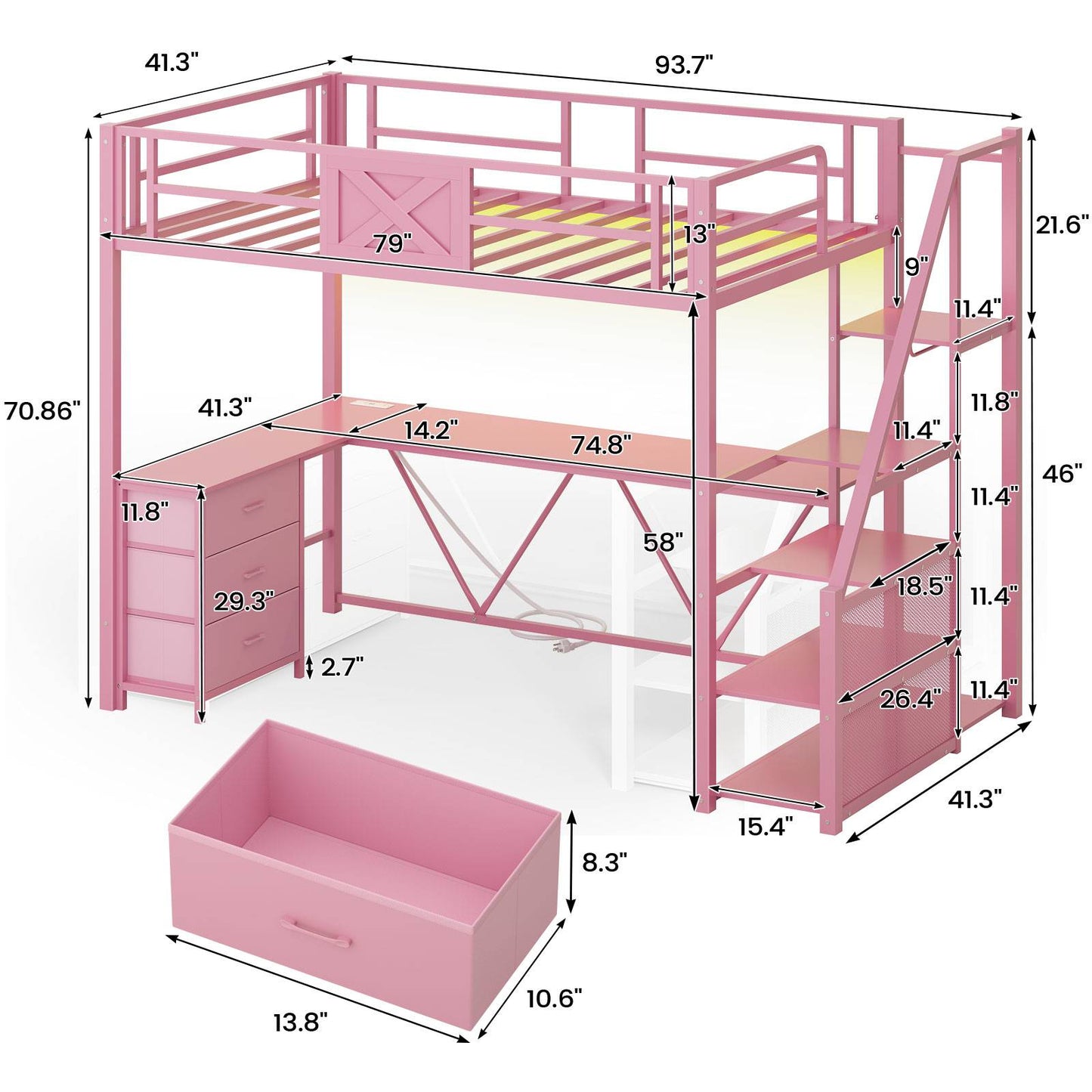 Itaar | Stairway Twin Size Loft Bed with L Shaped Desk and Wardrobe Metal Loft Bed Frame with Stairs 3 Fabric Drawers LED Lights Charging Sation