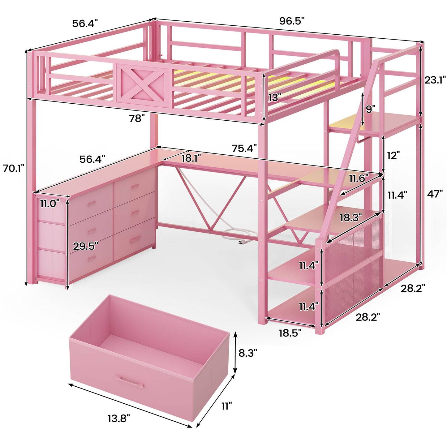 Itaar | Full Size Loft Bed with Desk and Storage Stairs Metal Loft Bed with 6 Storage Drawers Hall Tree LED Lights and Power Outlet