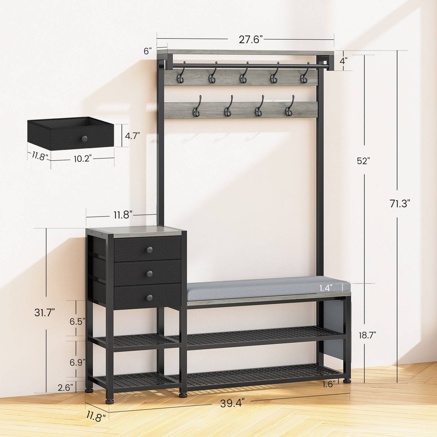 Itaar | Coat Rack Hall Tree with Bench and Shoe Storage 7 in 1 Entryway Bench with Soft Cushion Storage Bag 3 Fabric Drawers