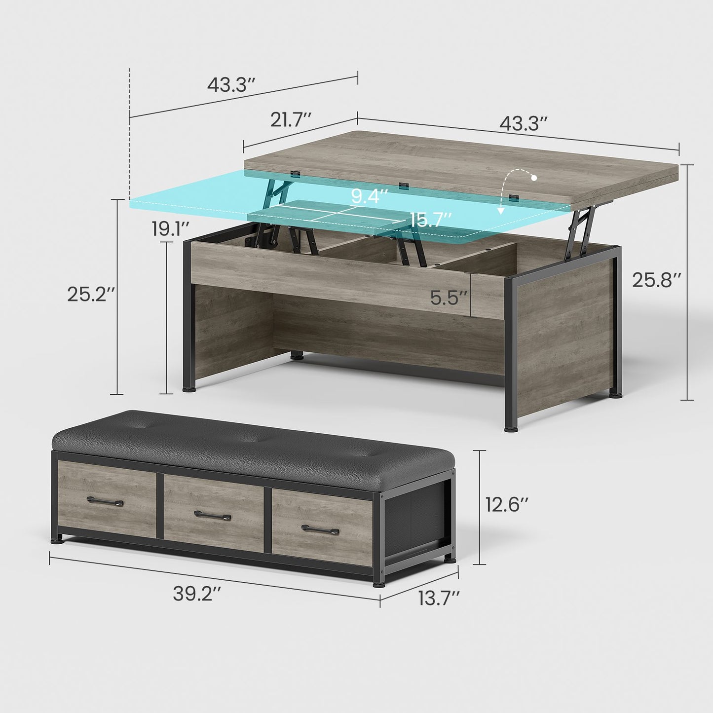 Itaar | Lift Top Coffee Table Set 43 Inch Multi-Function Coffee Table with Storage Drawers and Hidden Compartment