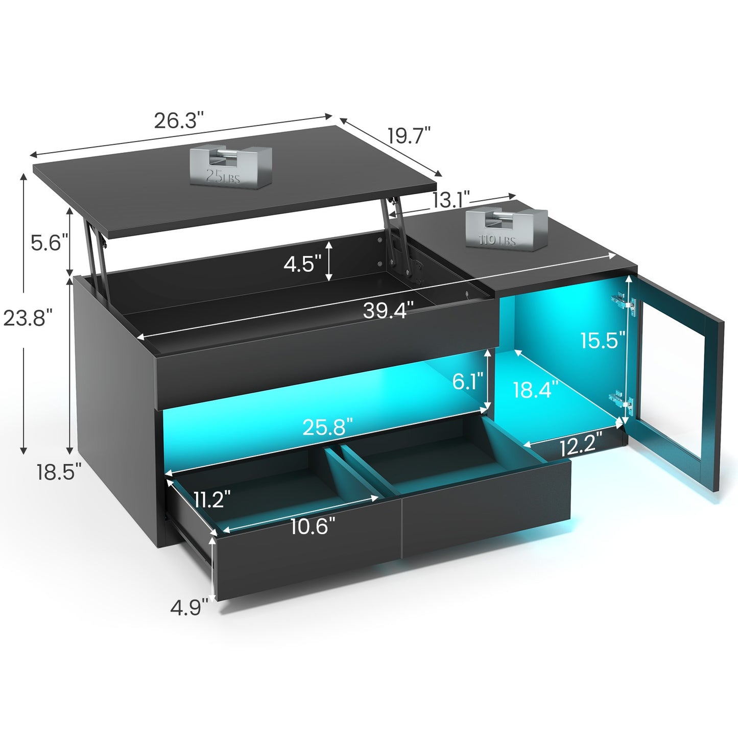 Itaar | 39.4 Inch Lift Top Coffee Table with 2 Drawers Modern LED Coffee Tables for Living Room Coffee Table with Glass Storage Cabinet