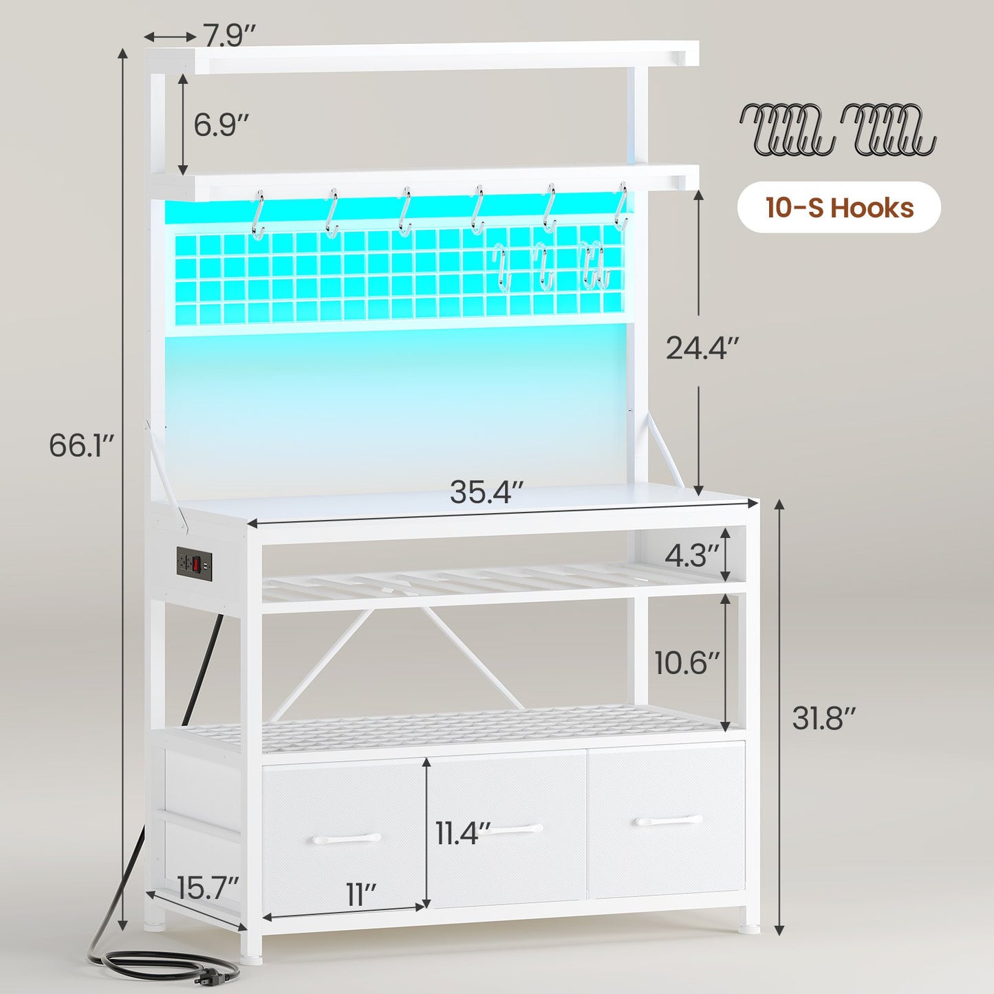 Itaar | Bakers Rack with Storage and Power Outlet 35.4 inch Coffee Bar Cabinet Microwave Stand Kitchen Cabinet with Hutch LED Lights