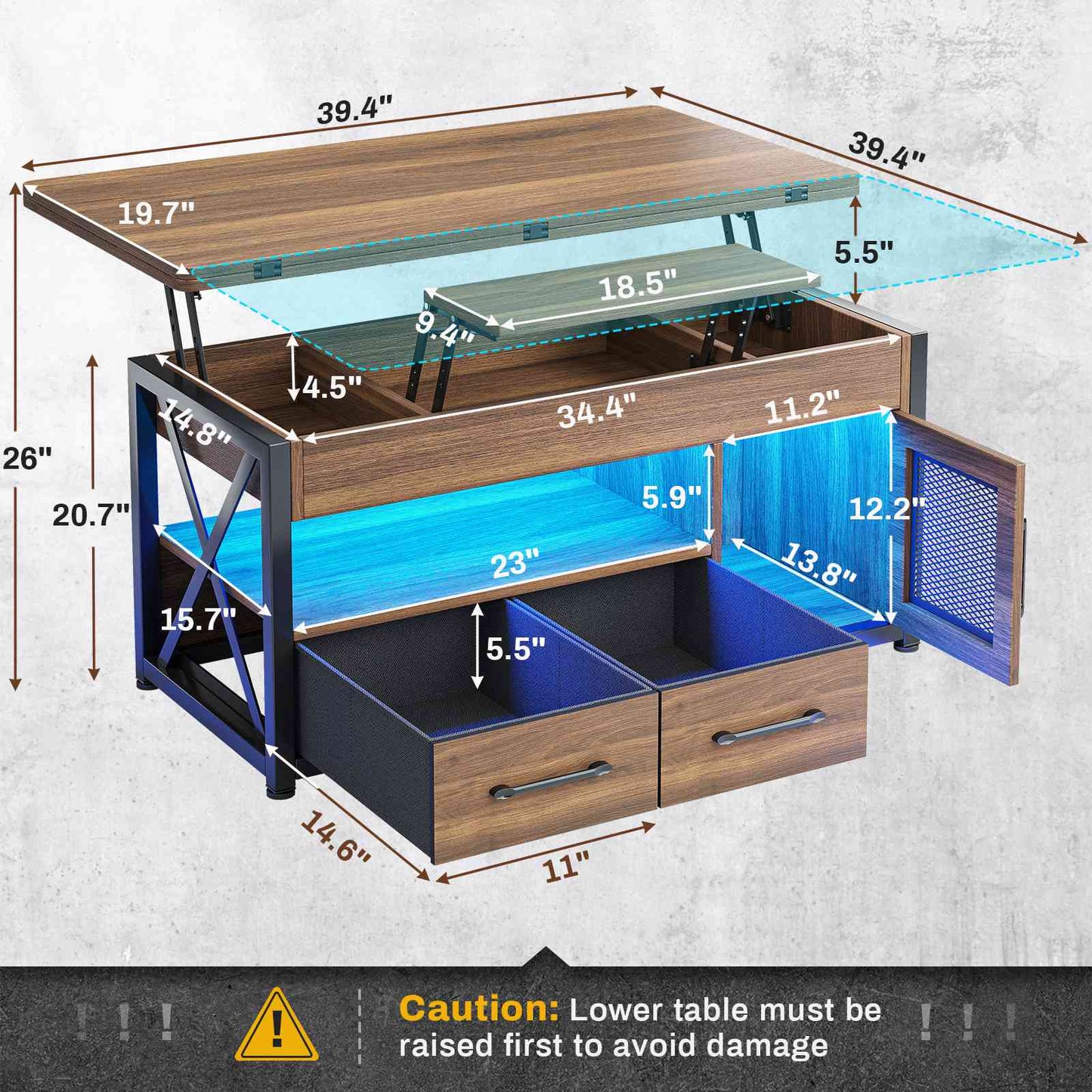 Itaar | 40 Inch Lift Top Coffee Table with Storage for Living Room 4 in 1 Table LED Expandable Coffee Table with 2 Fabric Drawers LED Light