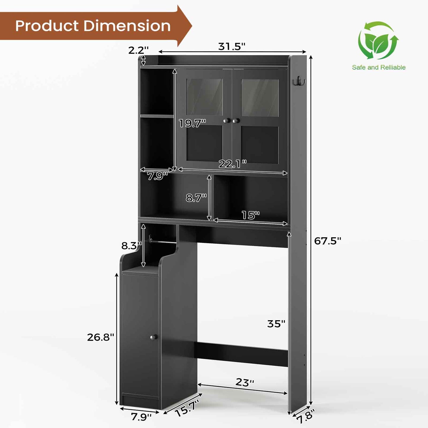 Itaar | Over The Toilet Storage Cabinet Over Toilet Bathroom Organizer with Glass Doors Toilet Paper Holder Stand