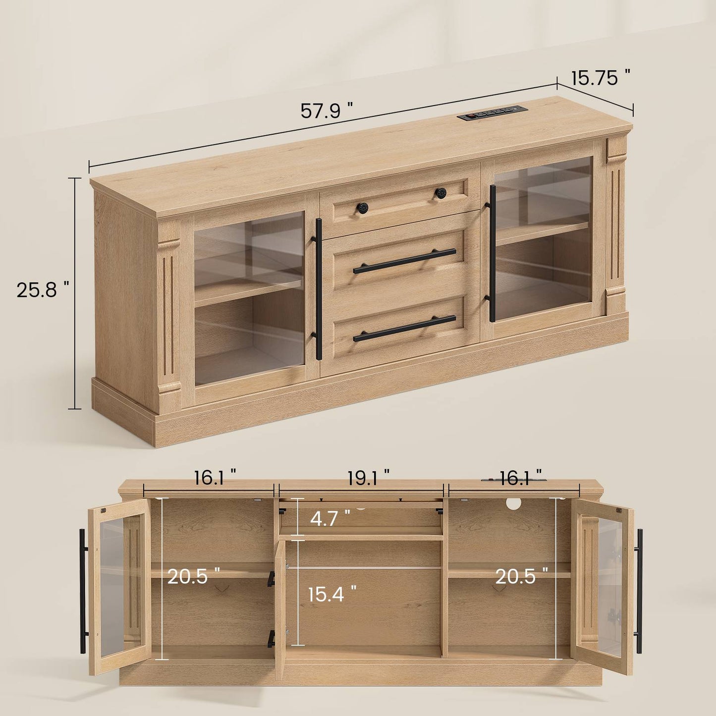 Itaar | Farmhouse TV Stands for 65 Inch TV 3 Storage Cabinets 1 Drawer Living Room Bedroom Wood Media Console