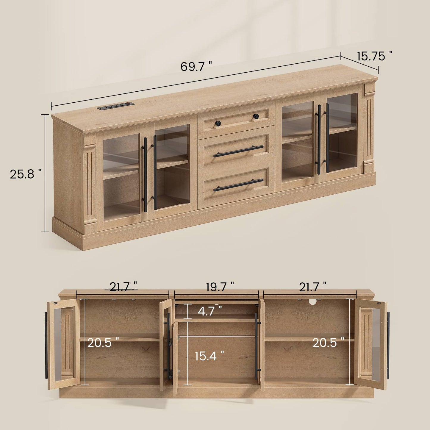Itaar | Farmhouse TV Stands for 80 Inch TV with Storage for Living Room 3 Storage Cabinets 1 Drawer Living Room Bedroom
