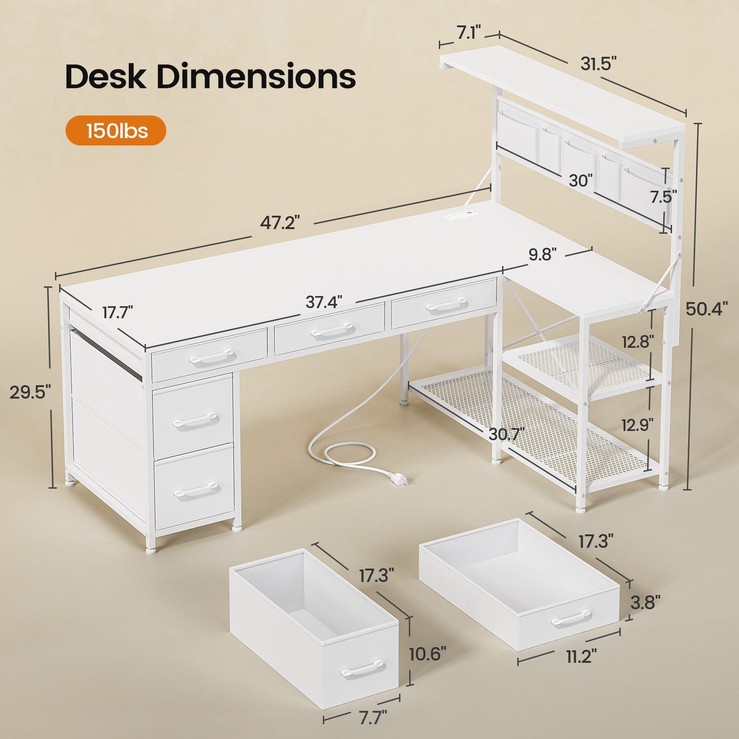 Itaar | L Shaped Desk with 5 Drawers and Storage Shelves Reversible Computer Desk with Bookshelf for Home Office Corner Gaming Desk with LED Lights