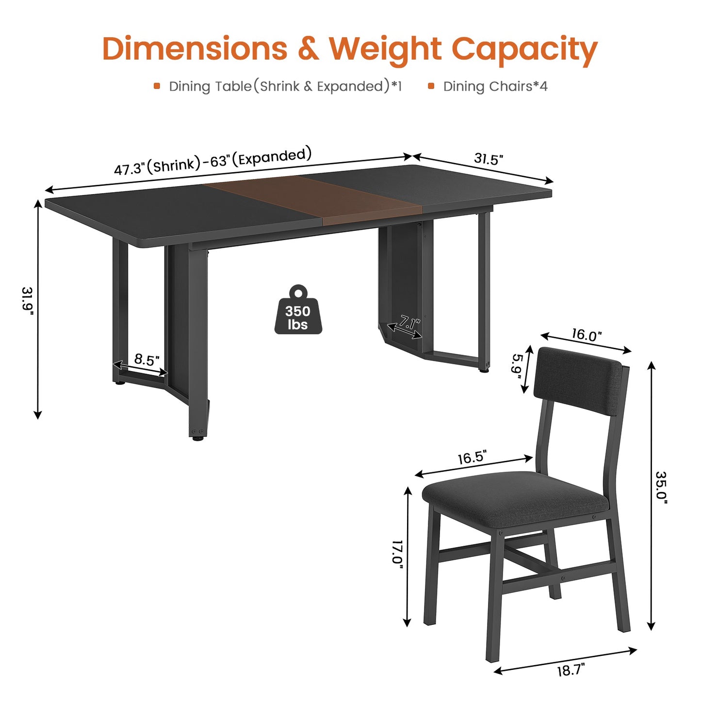 Itaar | 5 Piece Dining Table Set for 4-6 People 63 Inch Extendable Kitchen Table and 4 Cushion Chairs Dining Room Table with MDF Board