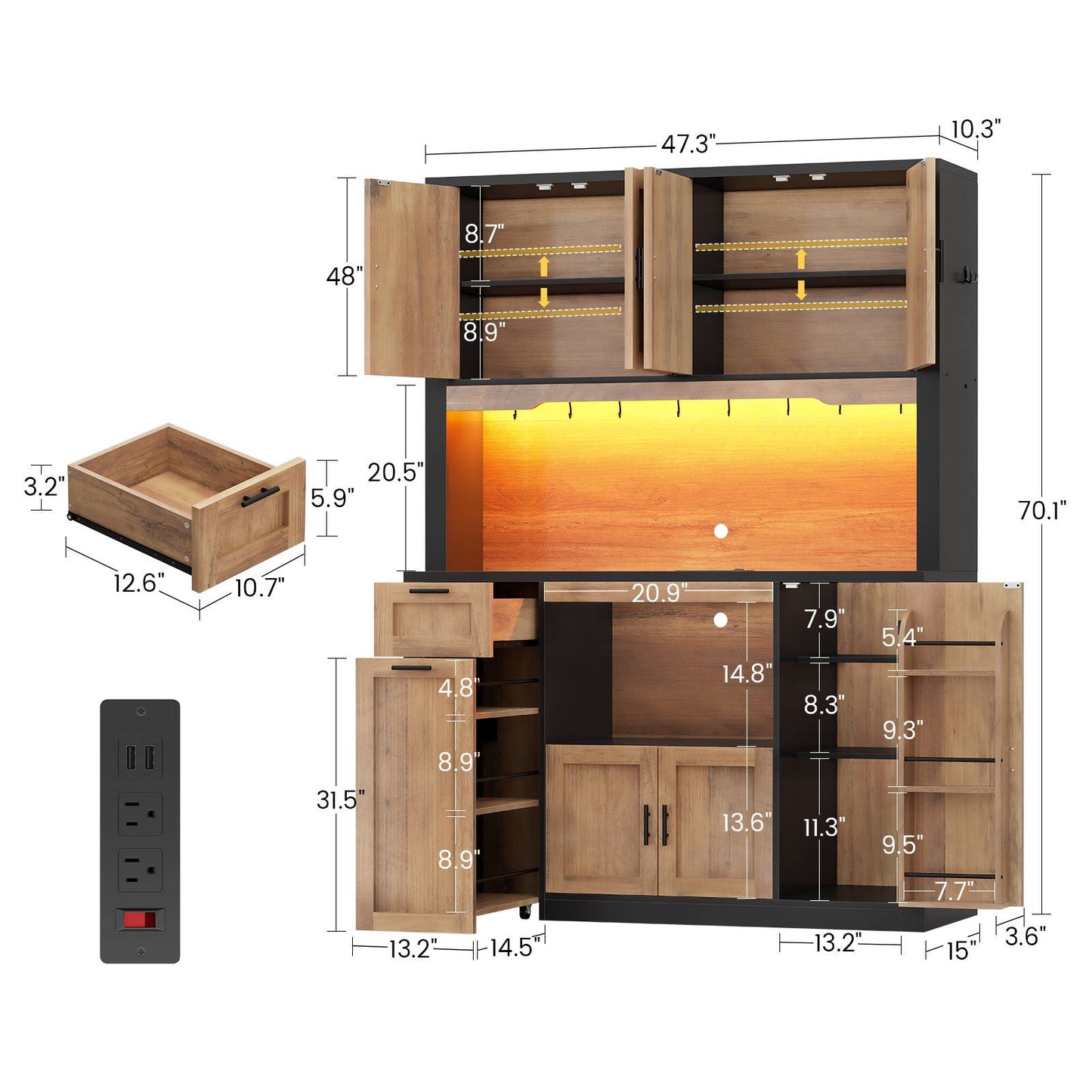 Itaar | 71 Inch Pantry Cabinet with Charging Station and LED Light Kitchen Pantry Cabinet with Microwave Stand