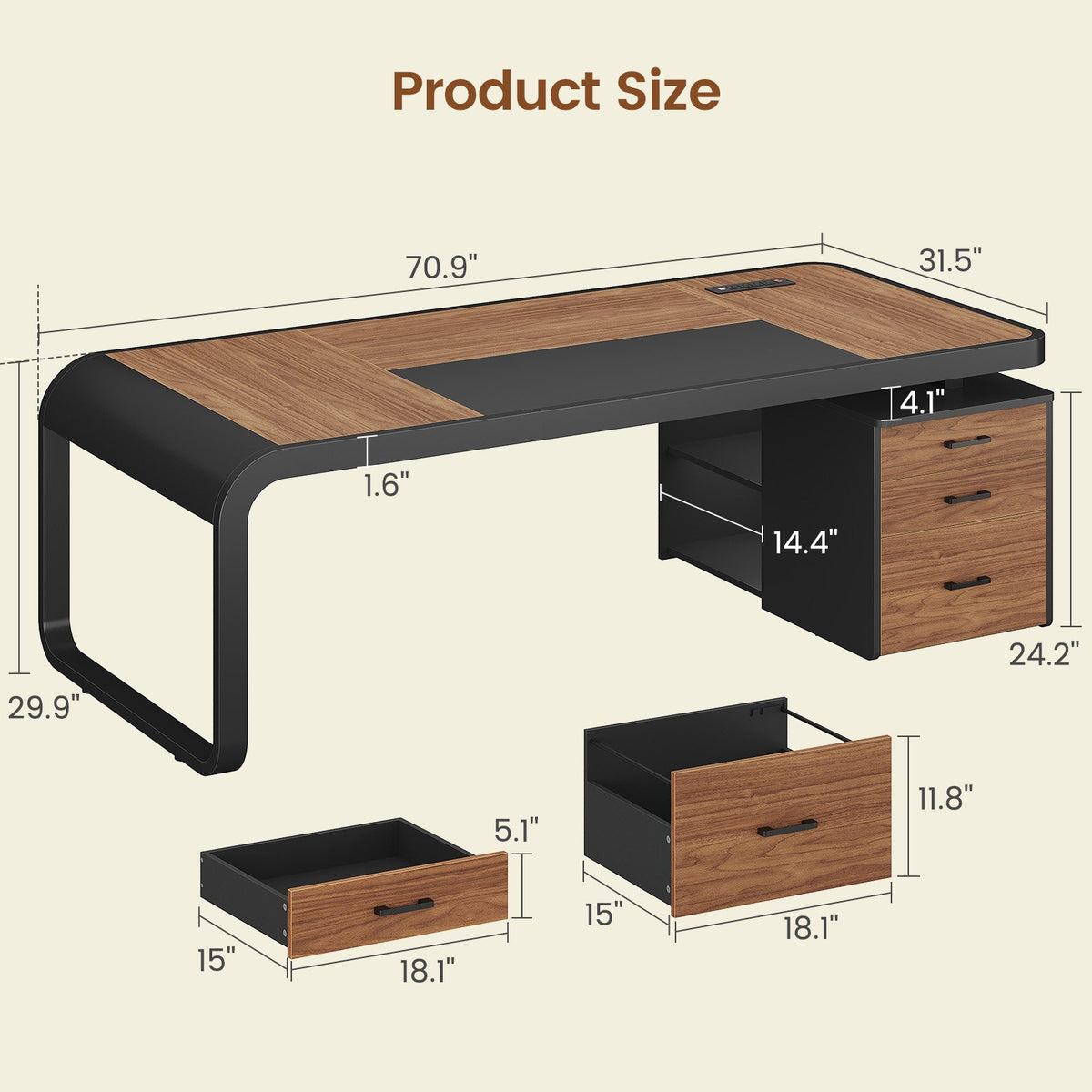 Itaar | 70.9 Inch Executive Desk Large Computer Desk with Drawers and Lateral File Cabinet Office Desk with Removable Shelves