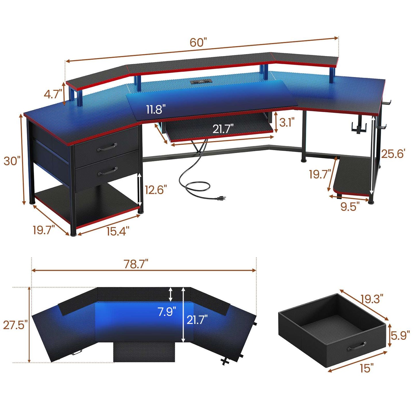 Itaar | 79 Inch Gaming Desk with 2 Fabric Drawers Long Computer Desk with Power Strip LED Lights U Shaped Desk with Storage and Cup Holder