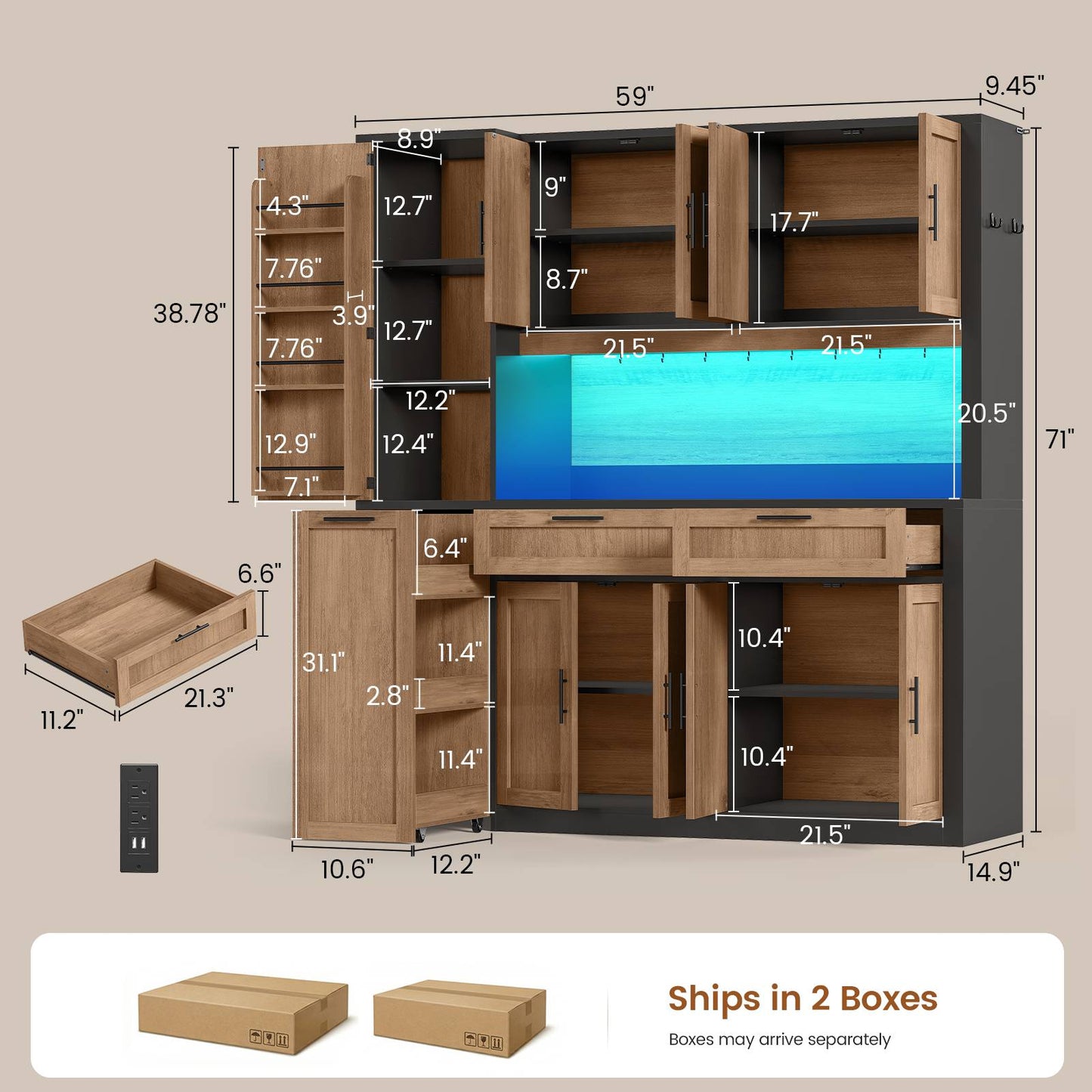 Itaar | 71 Inch Kitchen Pantry Cabinet with Charging Station and Led Light Kitchen Storage Cabinets with Microwave Stand