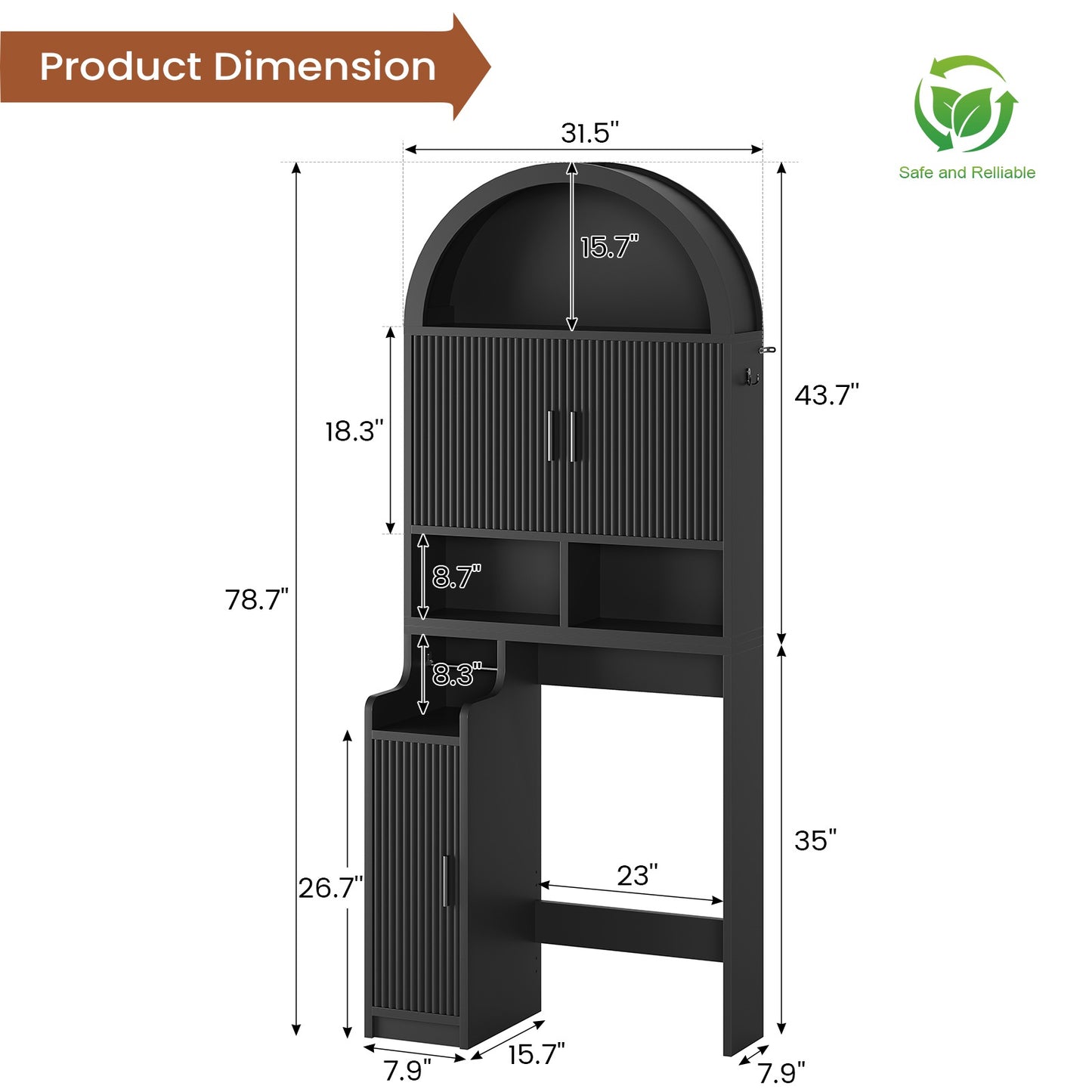 Itaar | Arched Over The Toilet Storage Cabinet 78.7 Inch H Fluted Bathroom Organizer with Reversible Side Cabinet Adjustable Shelves