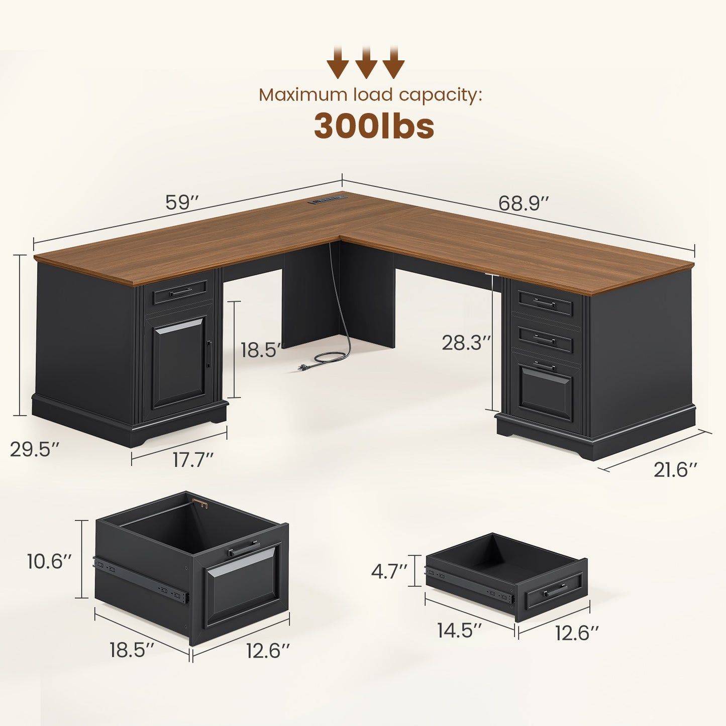 Itaar | Farmhouse Executive L Shaped Desk Home Office Desk with File Drawer and Power Outlet Computer Corner Desk with Drawers