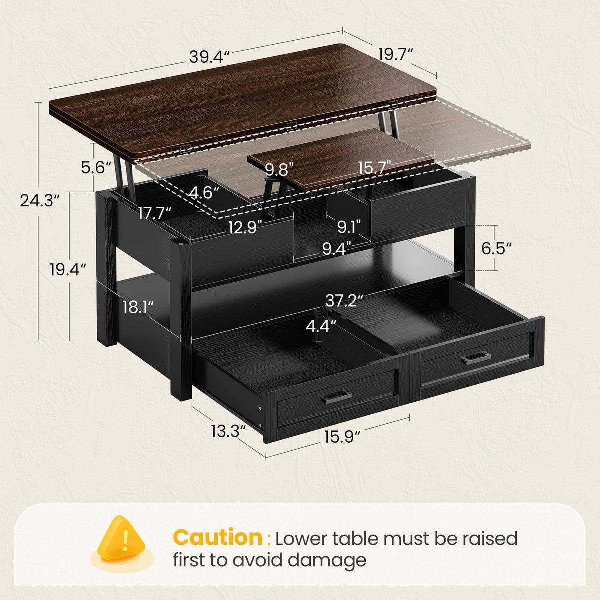 Itaar | 40 Inch Farmhouse Lift Top Coffee Table with 2 Drawers for Living Room