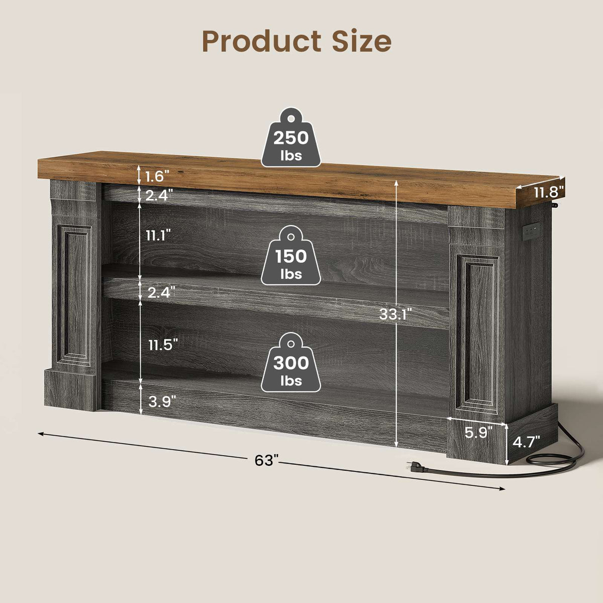 Itaar | 63 Inch Farmhouse Console Table with LED Lights and Charging Station