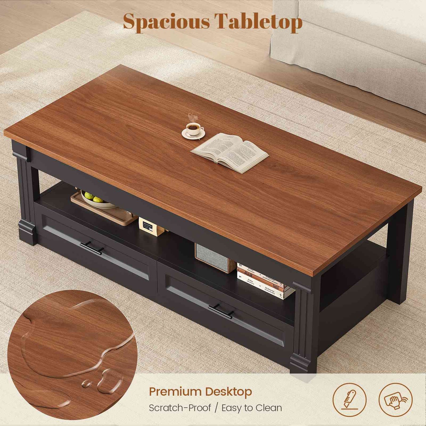 Itaar | Lift Top Coffee Table with Storage 47.2 Inch Farmhouse Coffee Table with 2 Drawers  Hidden Compartment