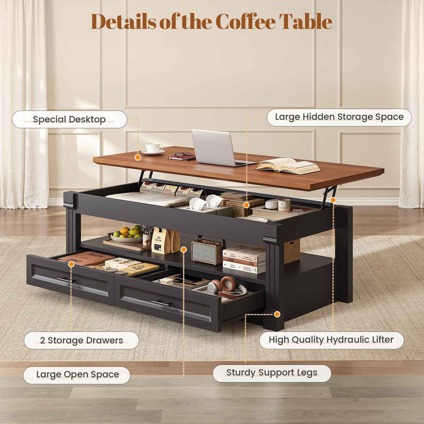 Itaar | Lift Top Coffee Table with Storage 47.2 Inch Farmhouse Coffee Table with 2 Drawers  Hidden Compartment