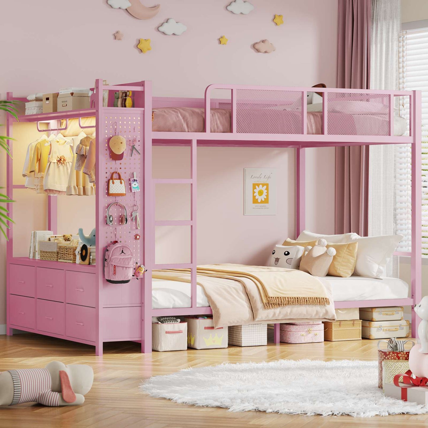 Itaar | Bunk Bed with Hall Tree and Power Outlet LED Bunk Bed Full Over Full with 6 Storage Drawers Safety Guardrail and Ladders