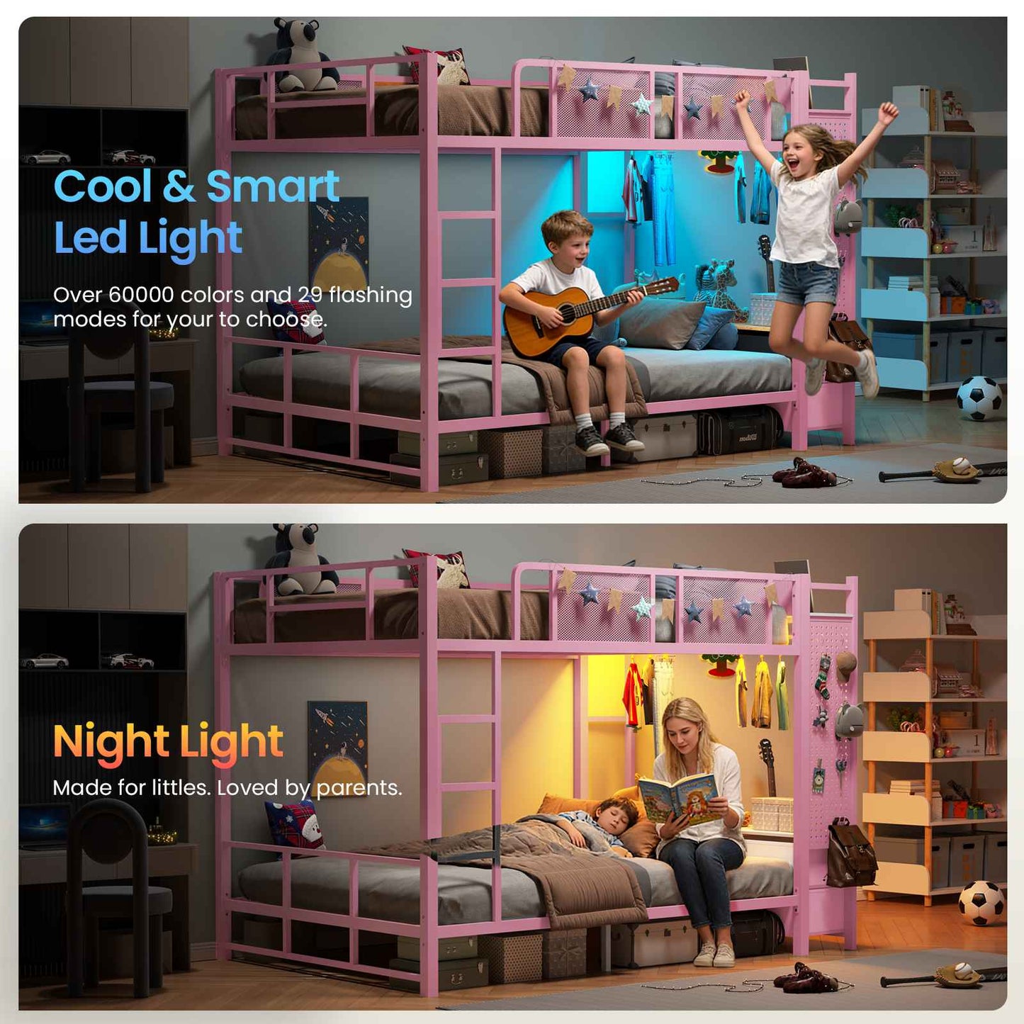 Itaar | Bunk Bed with Hall Tree and Power Outlet LED Bunk Bed Full Over Full with 6 Storage Drawers Safety Guardrail and Ladders