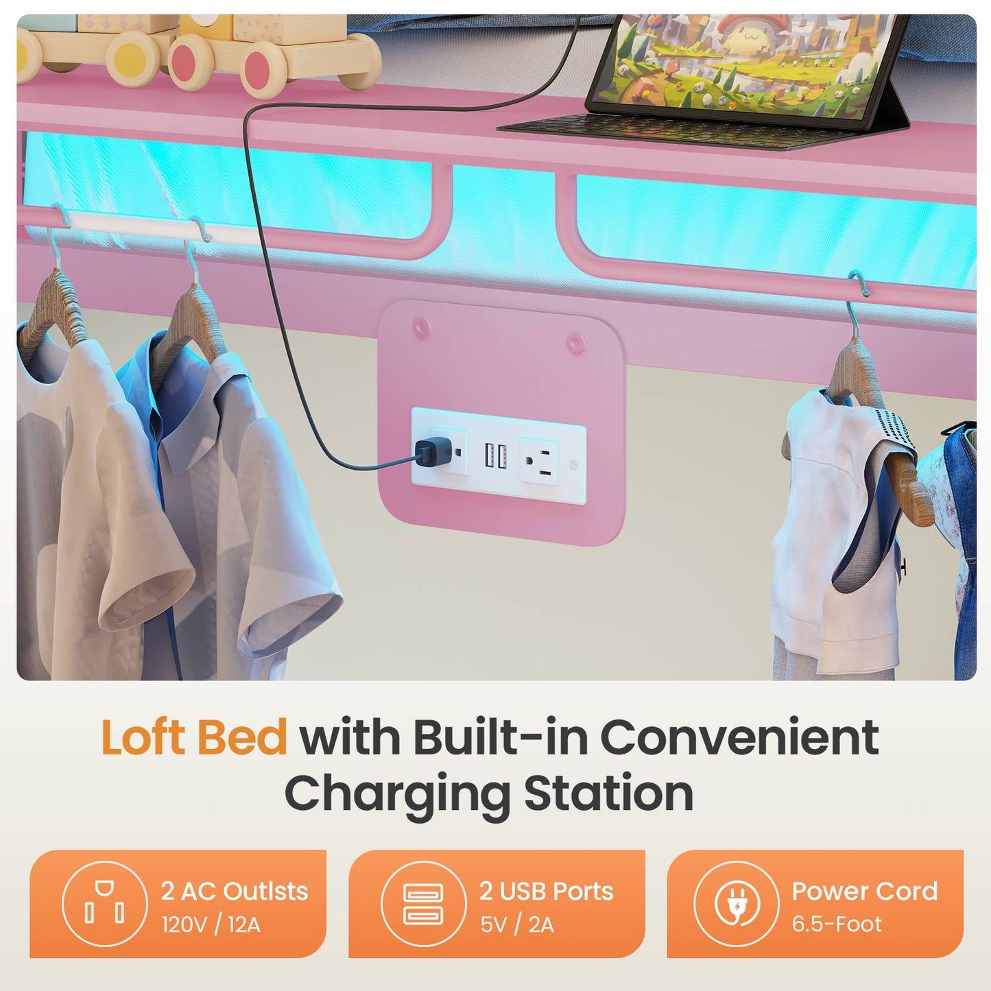 Itaar | Bunk Bed with Hall Tree and Power Outlet LED Bunk Bed Full Over Full with 6 Storage Drawers Safety Guardrail and Ladders