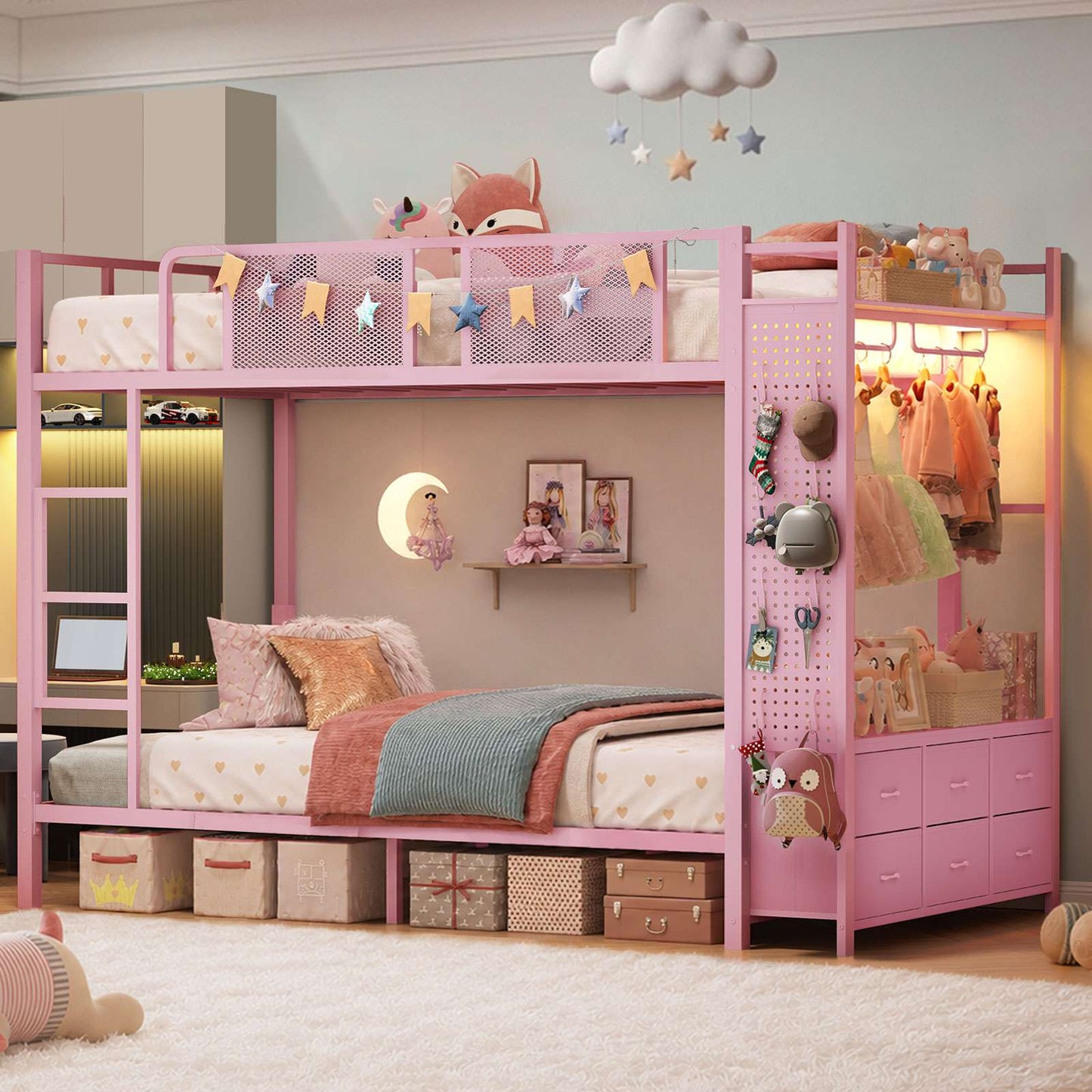Itaar | Bunk Bed with Hall Tree and Power Outlet LED Bunk Bed Full Over Full with 6 Storage Drawers Safety Guardrail and Ladders
