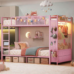 Itaar | Bunk Bed with Hall Tree and Power Outlet LED Bunk Bed Full Over Full with 6 Storage Drawers Safety Guardrail and Ladders