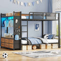 Itaar | Bunk Bed with Hall Tree and Power Outlet LED Bunk Bed Full Over Full with 6 Storage Drawers Safety Guardrail and Ladders