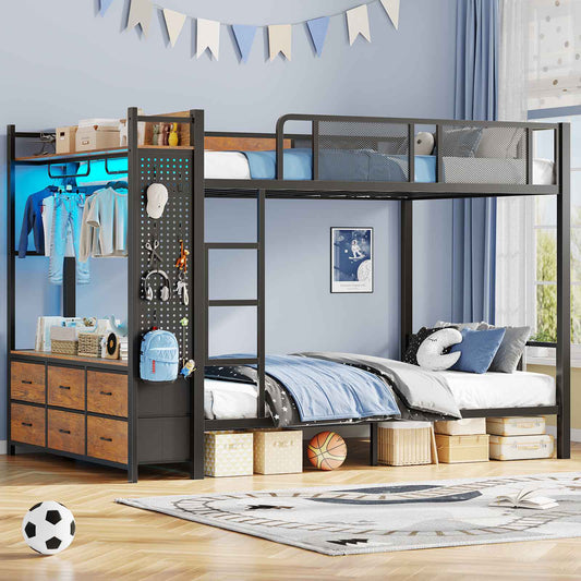 Itaar | Bunk Bed with Hall Tree and Power Outlet LED Bunk Bed Full Over Full with 6 Storage Drawers Safety Guardrail and Ladders