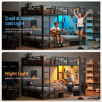 Itaar | Bunk Bed with Hall Tree and Power Outlet LED Bunk Bed Full Over Full with 6 Storage Drawers Safety Guardrail and Ladders