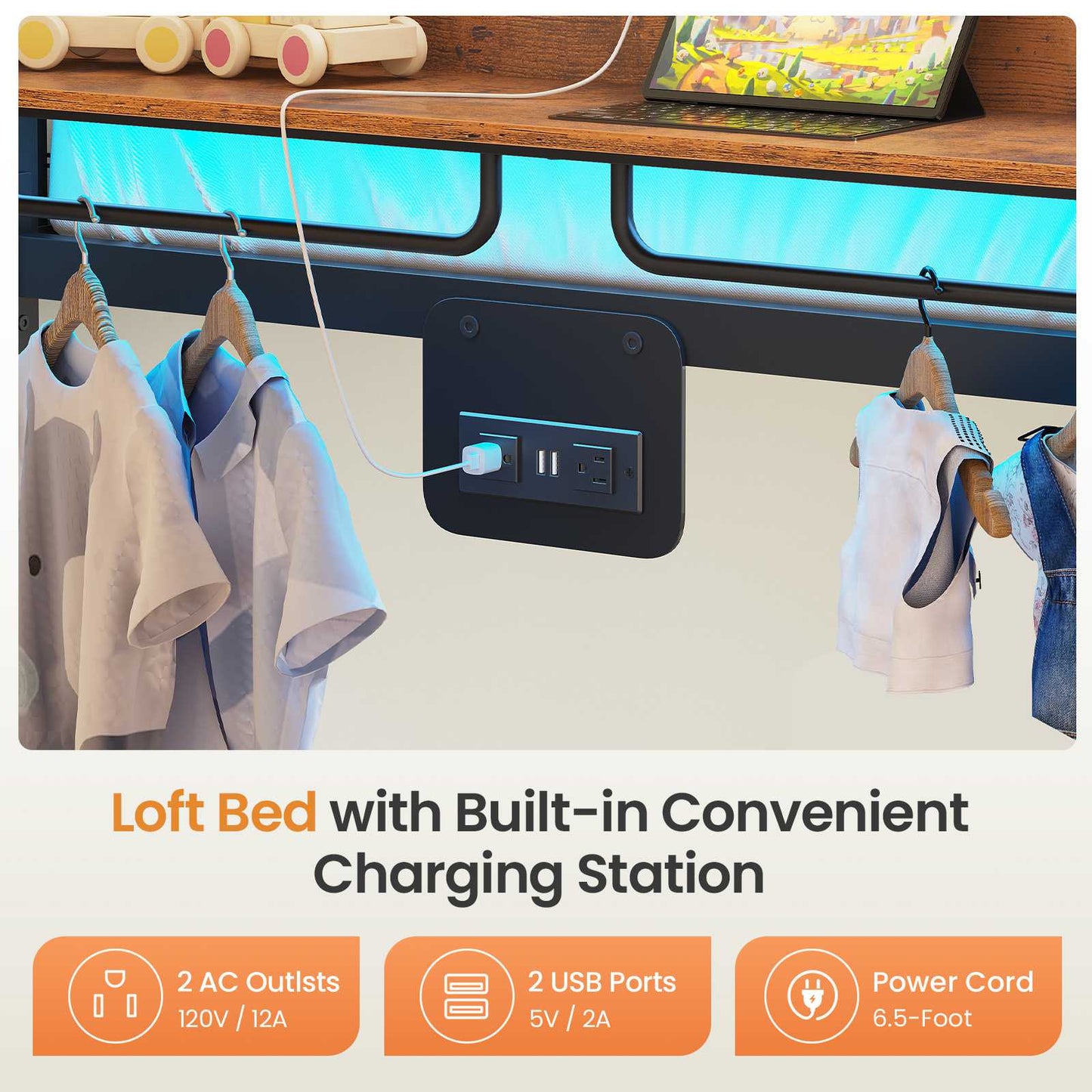 Itaar | Bunk Bed with Hall Tree and Power Outlet LED Bunk Bed Full Over Full with 6 Storage Drawers Safety Guardrail and Ladders