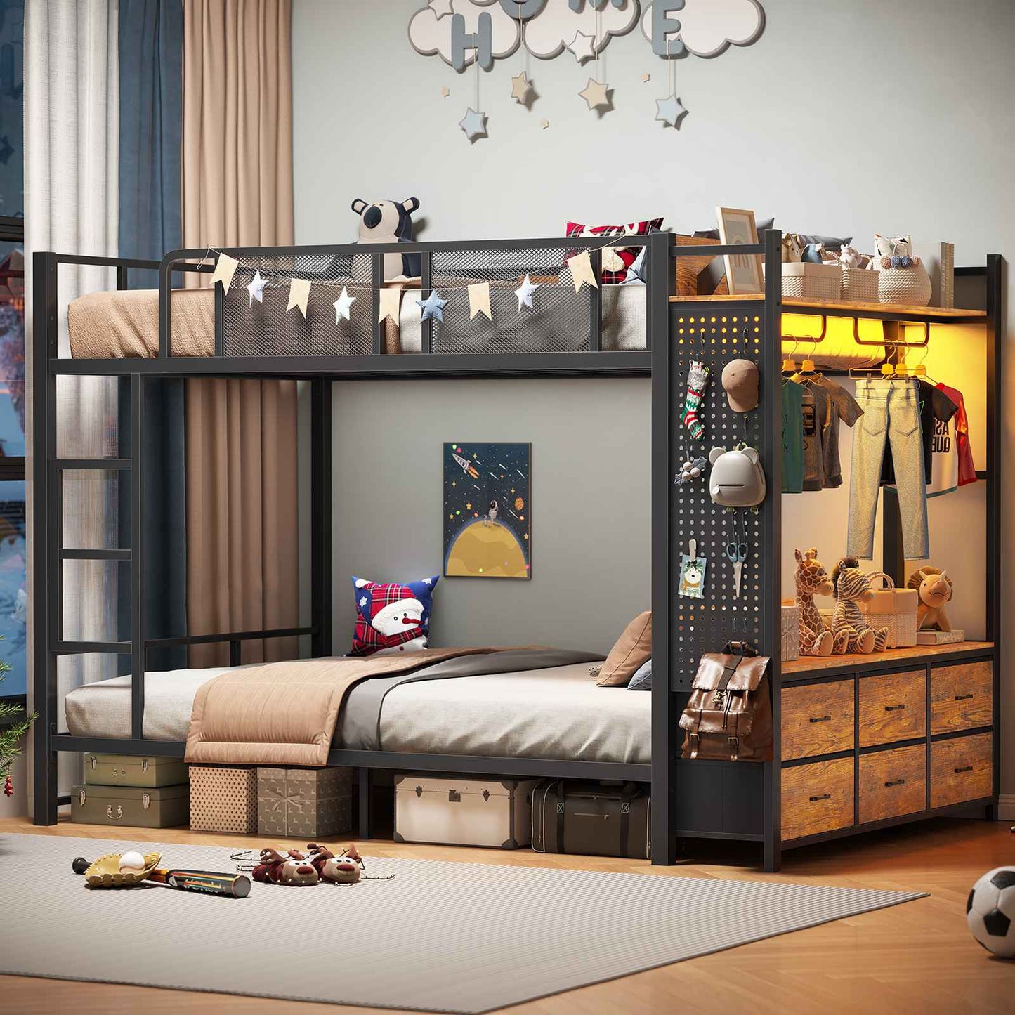 Itaar | Bunk Bed with Hall Tree and Power Outlet LED Bunk Bed Full Over Full with 6 Storage Drawers Safety Guardrail and Ladders