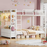 Itaar | Bunk Bed with Hall Tree and Power Outlet LED Bunk Bed Full Over Full with 6 Storage Drawers Safety Guardrail and Ladders
