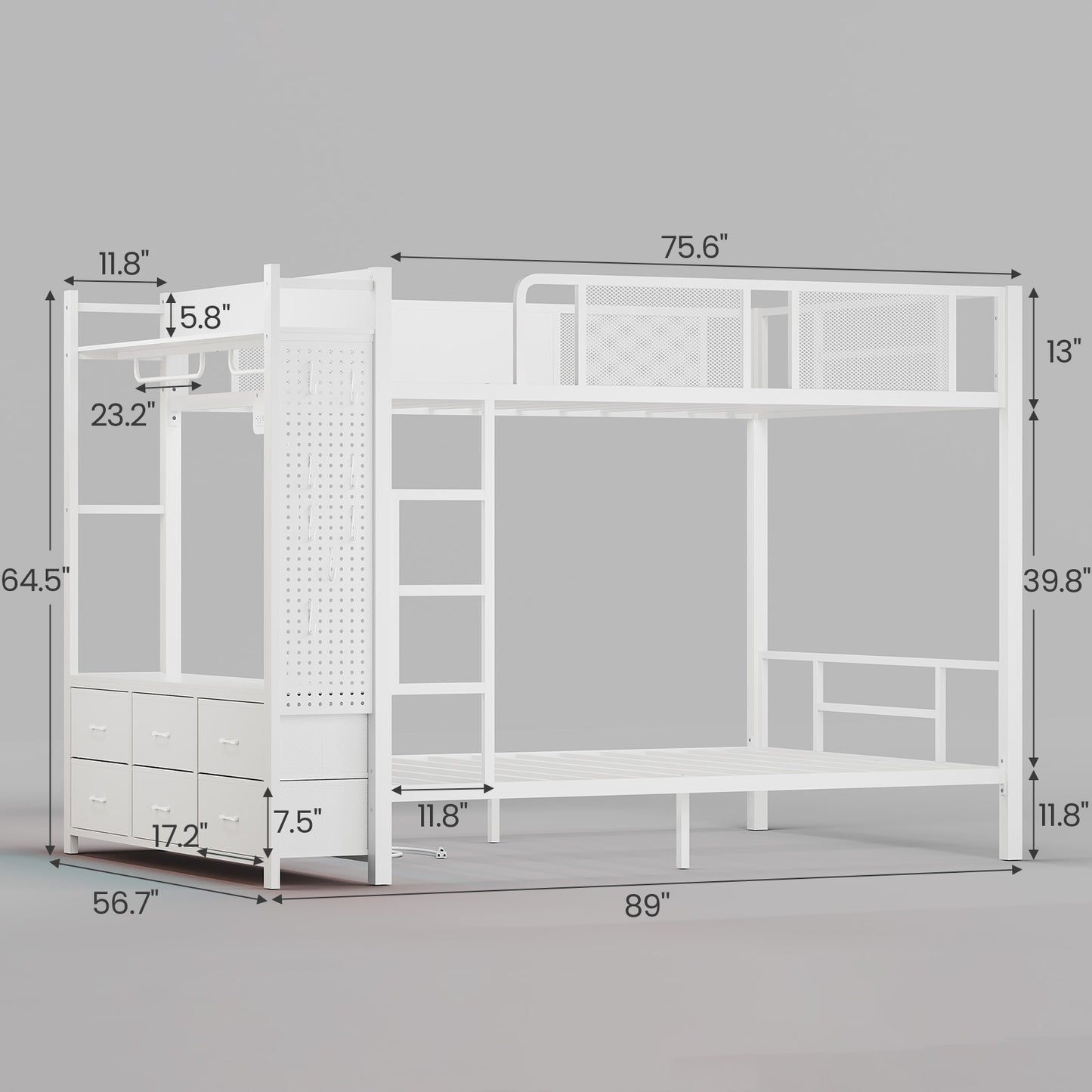 Itaar | Bunk Bed with Hall Tree and Power Outlet LED Bunk Bed Full Over Full with 6 Storage Drawers Safety Guardrail and Ladders