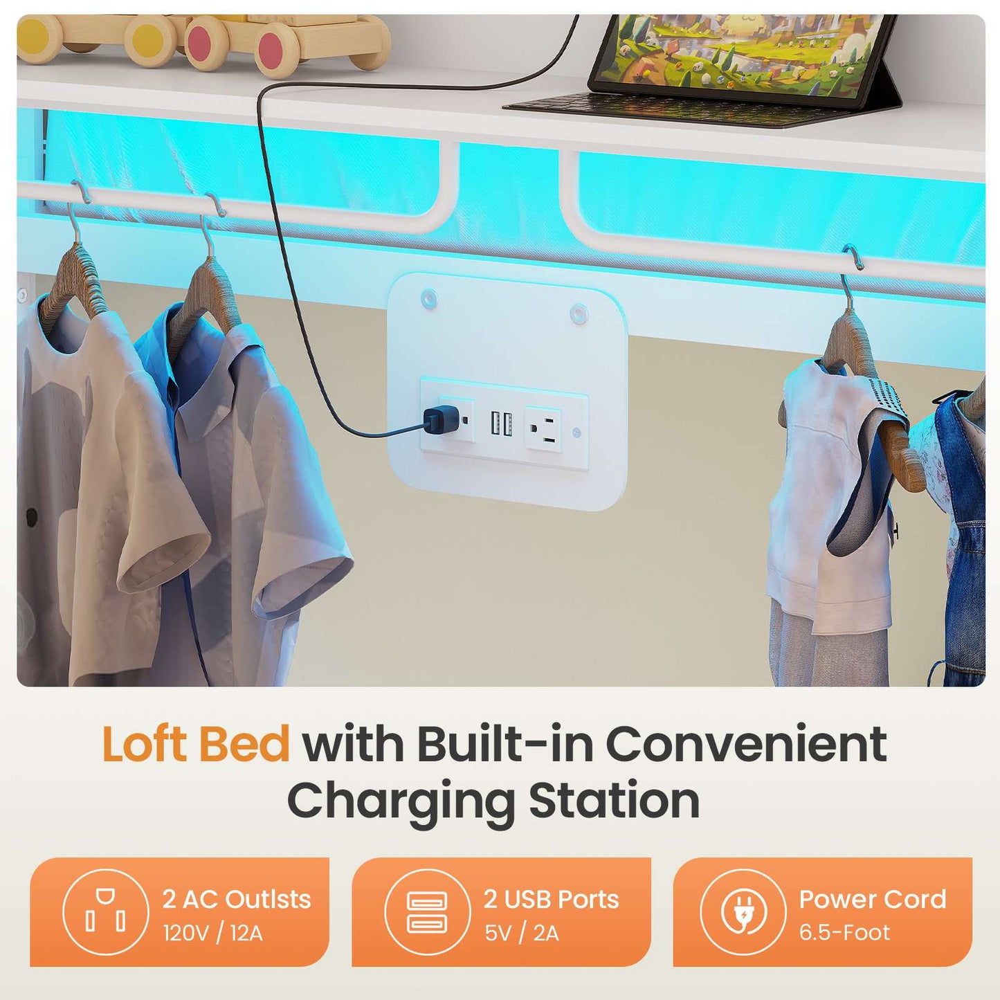 Itaar | Bunk Bed with Hall Tree and Power Outlet LED Bunk Bed Full Over Full with 6 Storage Drawers Safety Guardrail and Ladders