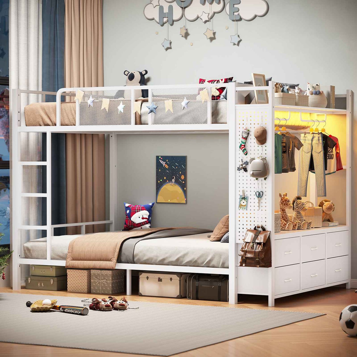 Itaar | Bunk Bed with Hall Tree and Power Outlet LED Bunk Bed Full Over Full with 6 Storage Drawers Safety Guardrail and Ladders