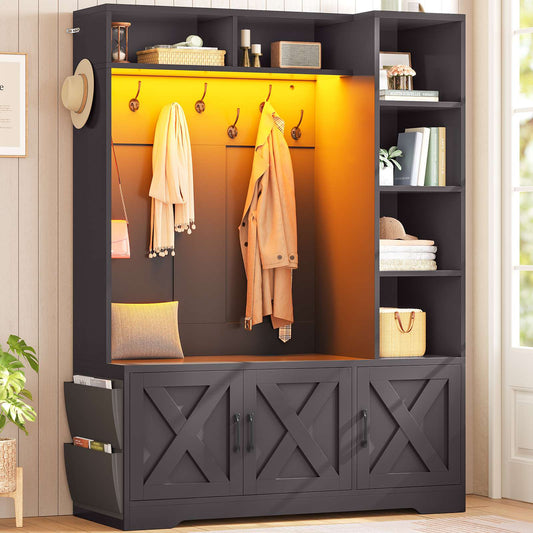 Itaar | Hall Tree with Bench and Shoe Storage Farmhouse Entryway Bench with Coat Rack 6 Storage Cubbies 10 Coat Hooks Led Lights