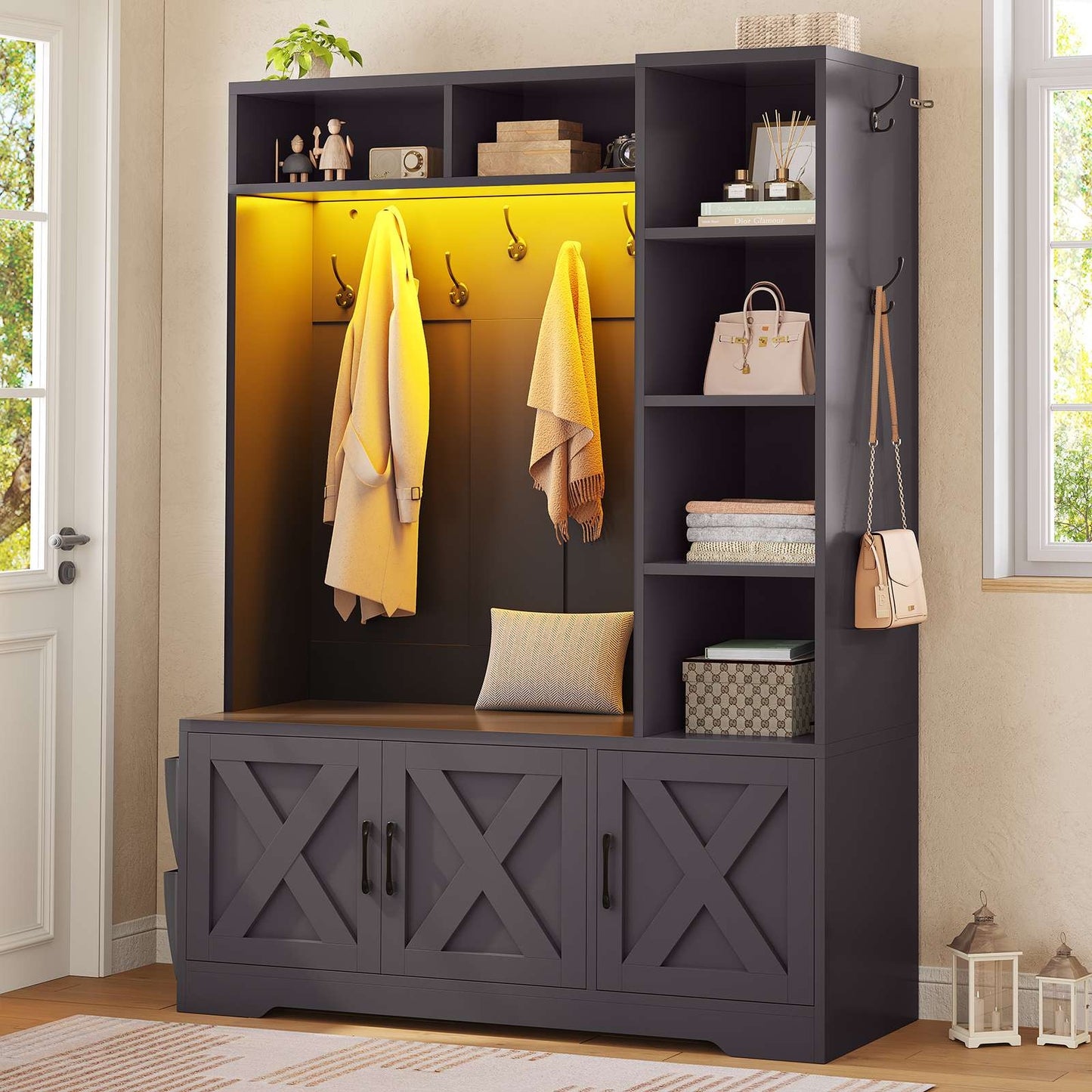 Itaar | Hall Tree with Bench and Shoe Storage Farmhouse Entryway Bench with Coat Rack 6 Storage Cubbies 10 Coat Hooks Led Lights