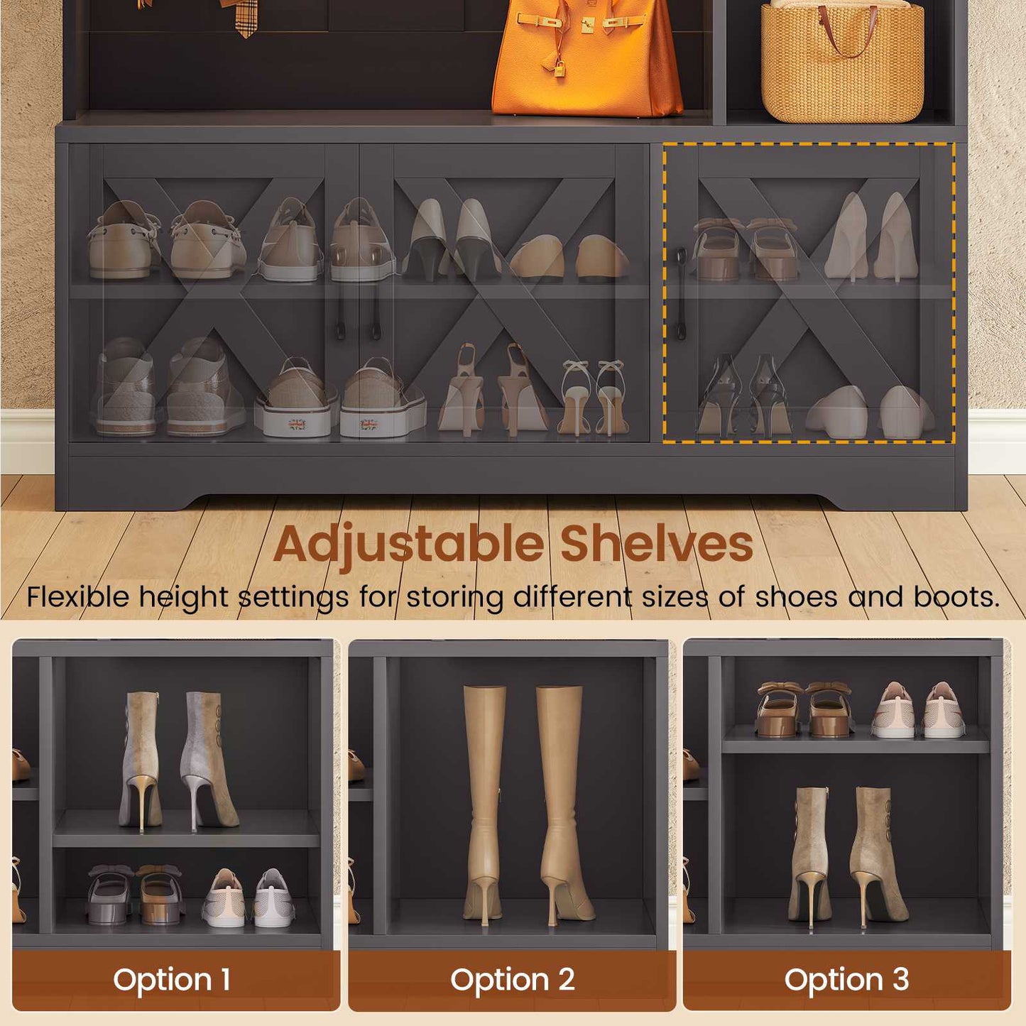 Itaar | Hall Tree with Bench and Shoe Storage Farmhouse Entryway Bench with Coat Rack 6 Storage Cubbies 10 Coat Hooks Led Lights