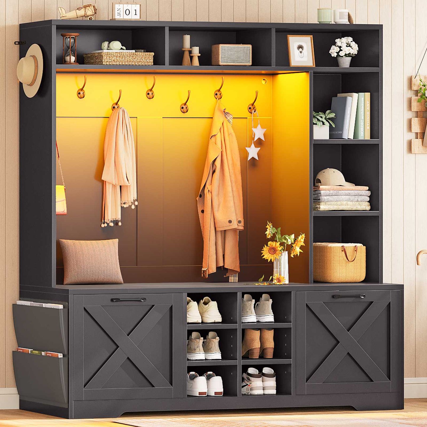 Itaar | Hall Tree with Bench and Shoe Storage 59.1 Inch Farmhouse Entryway Bench 12 Shelves 9 Coat Hooks Storage Bag Led Lights