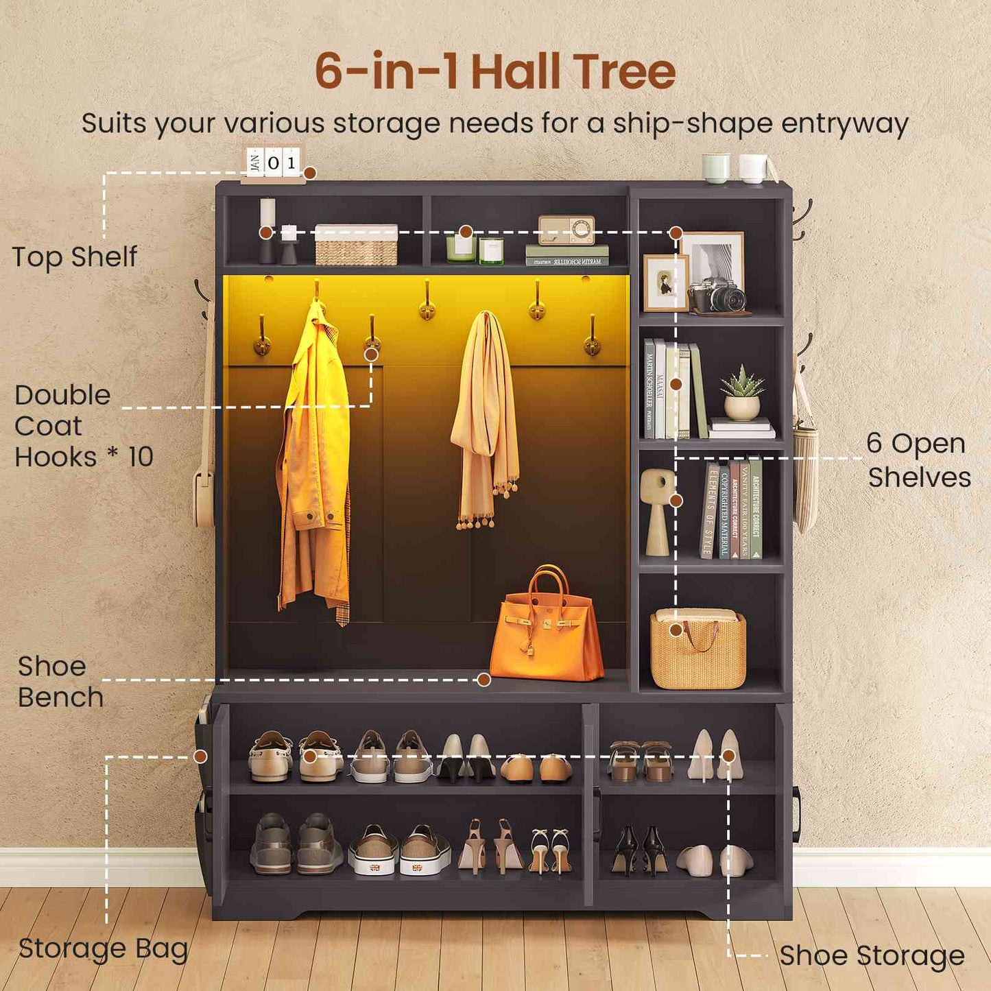 Itaar | Hall Tree with Bench and Shoe Storage Farmhouse Entryway Bench with Coat Rack 6 Storage Cubbies 10 Coat Hooks Led Lights