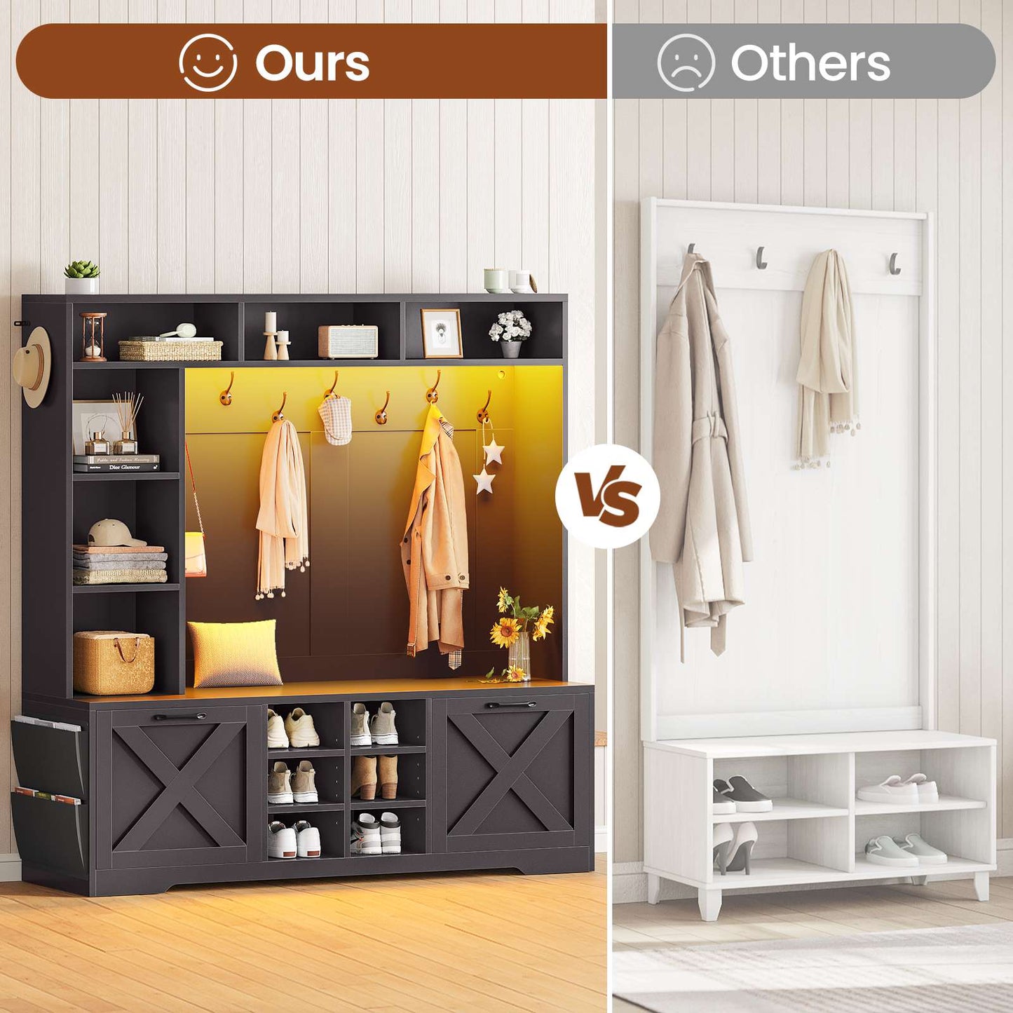 Itaar | Hall Tree with Bench and Shoe Storage 59.1 Inch Farmhouse Entryway Bench 12 Shelves 9 Coat Hooks Storage Bag Led Lights