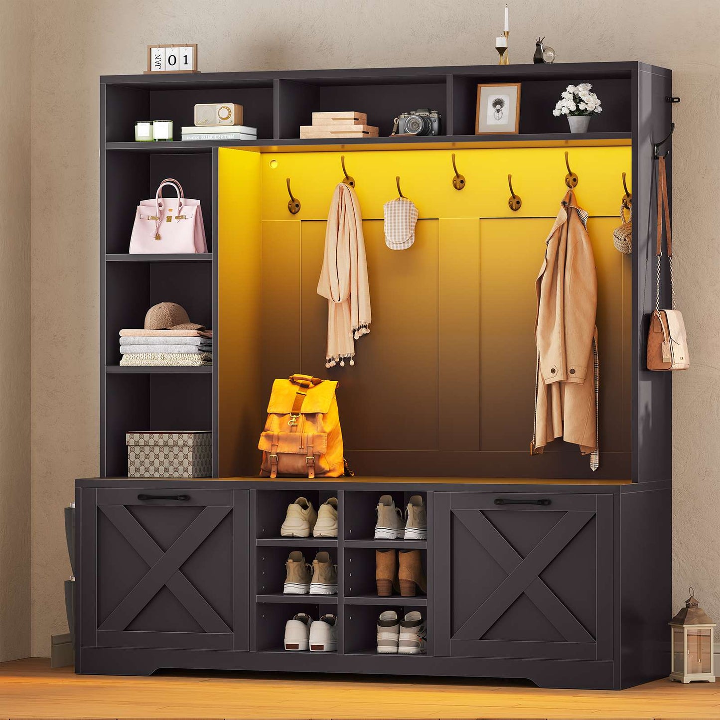 Itaar | Hall Tree with Bench and Shoe Storage 59.1 Inch Farmhouse Entryway Bench 12 Shelves 9 Coat Hooks Storage Bag Led Lights