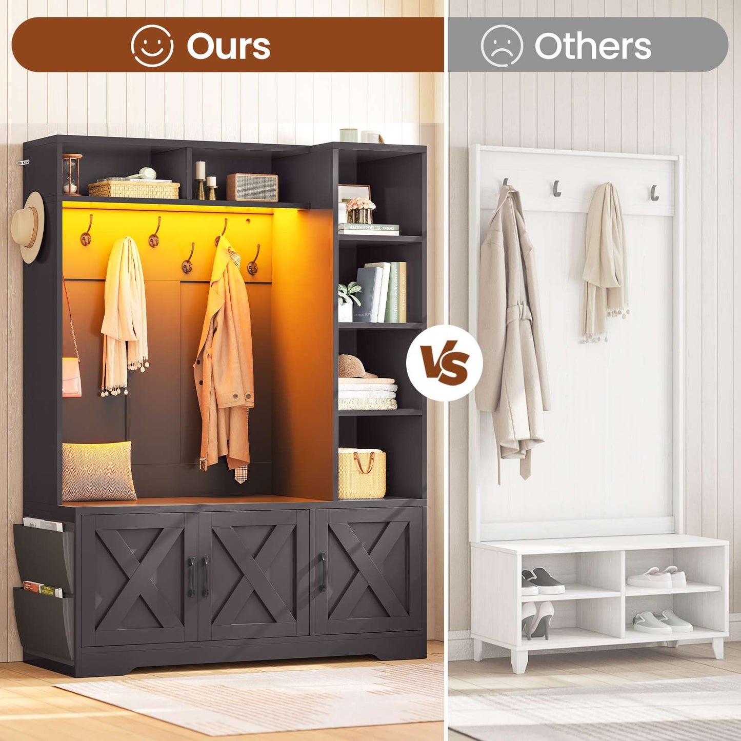 Itaar | Hall Tree with Bench and Shoe Storage Farmhouse Entryway Bench with Coat Rack 6 Storage Cubbies 10 Coat Hooks Led Lights