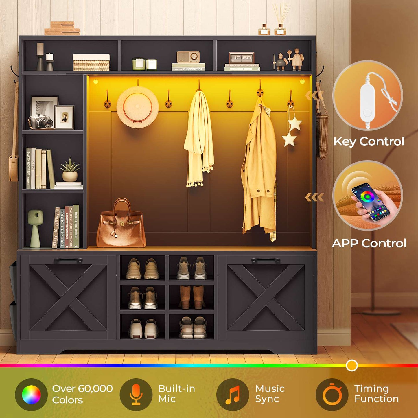 Itaar | Hall Tree with Bench and Shoe Storage 59.1 Inch Farmhouse Entryway Bench 12 Shelves 9 Coat Hooks Storage Bag Led Lights