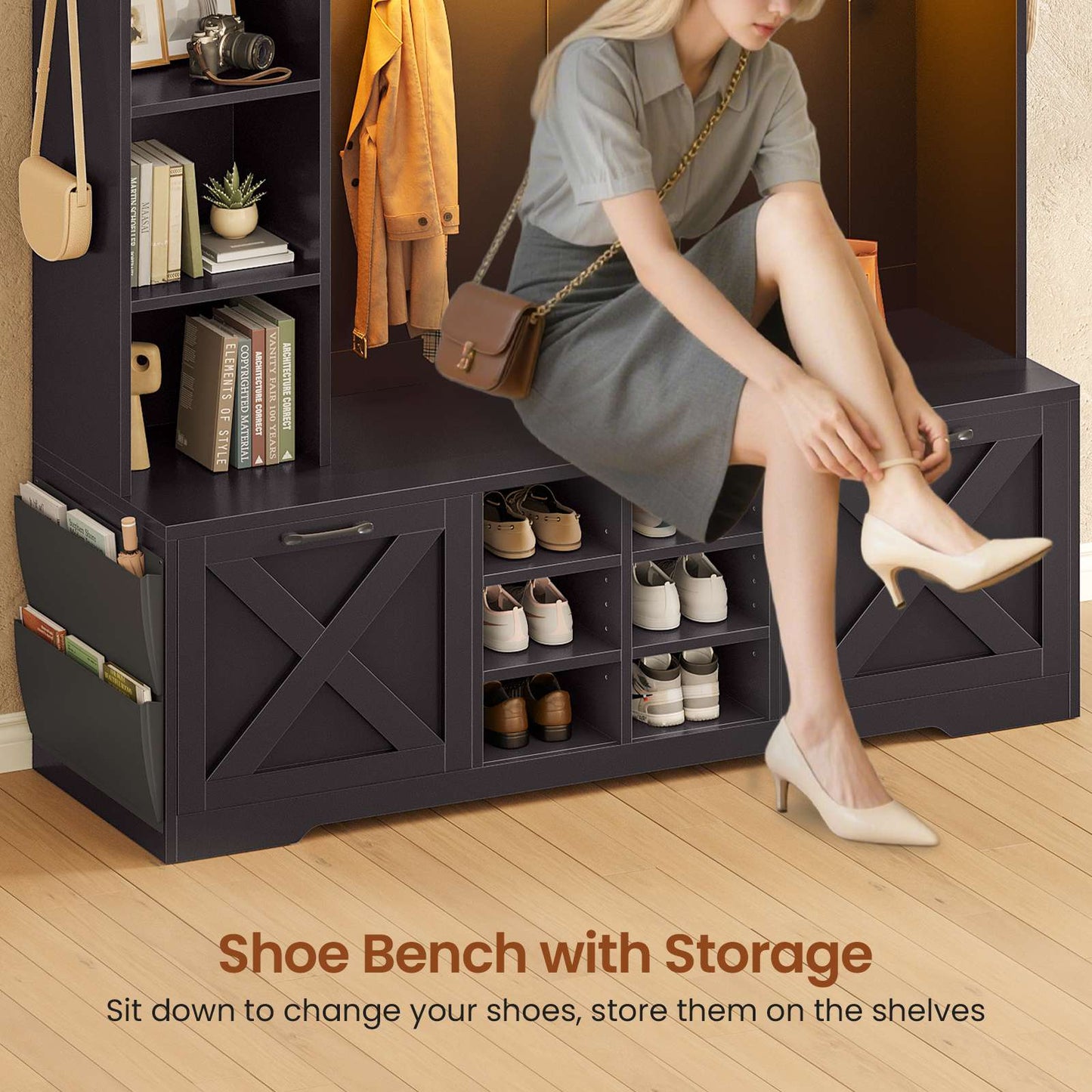 Itaar | Hall Tree with Bench and Shoe Storage 59.1 Inch Farmhouse Entryway Bench 12 Shelves 9 Coat Hooks Storage Bag Led Lights