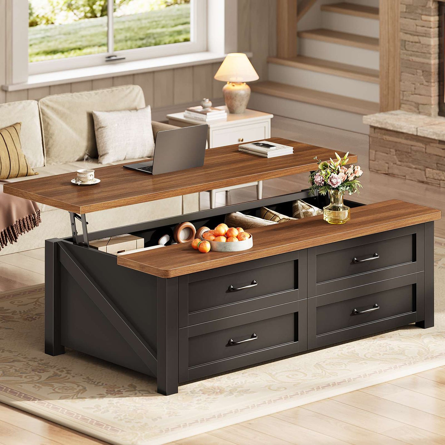 Itaar | 47.2 Inch Lift Top Coffee Table with Storage Farmhouse Coffee Tables for Living Room with 4 Wood Drawers