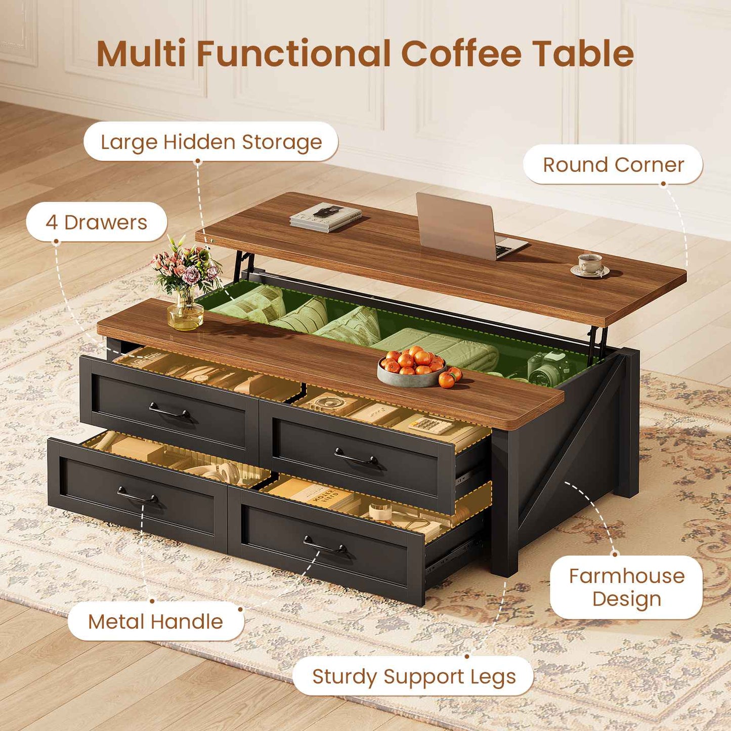 Itaar | 47.2 Inch Lift Top Coffee Table with Storage Farmhouse Coffee Tables for Living Room with 4 Wood Drawers